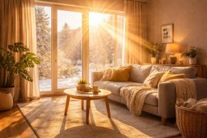 Rayons du soleil entrant dans un salon lumineux en hiver, illustrant comment profiter de la chaleur naturelle pour économiser le chauffage