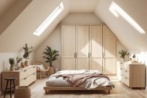 Dressing sur mesure glissé sous les pentes d'un toit mansardé : rangement intégré en bois clair avec portes coulissantes, pièce lumineuse et épurée