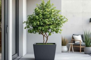 Culture réussie d'un lilas du Japon dans un grand pot moderne installé sur une terrasse en bois ensoleillée