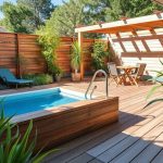 Mini-piscine moderne dans un petit jardin avec terrasse en bois et végétation - piscine moins de 10m² design
