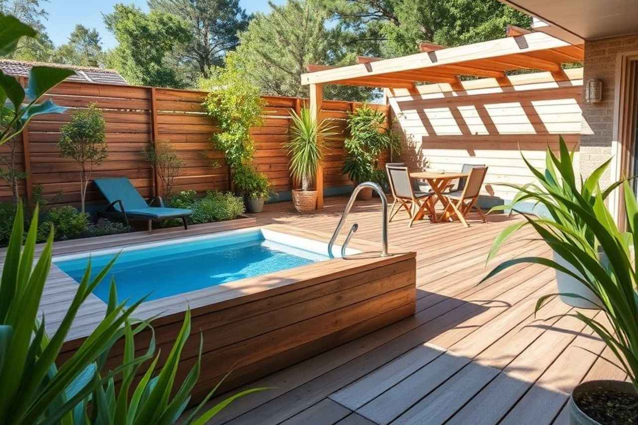 Mini-piscine moderne dans un petit jardin avec terrasse en bois et végétation - piscine moins de 10m² design