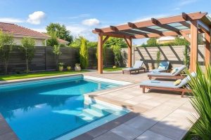 Piscine semi-enterrée de moins de 10 m² avec pergola, coin détente et aménagement paysager