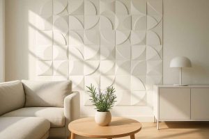 Panneaux décoratifs 3D blancs à motifs géométriques dans un salon moderne et minimaliste