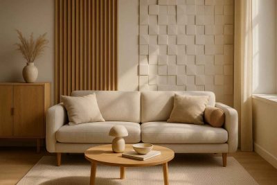 Panneaux décoratifs pour murs intérieurs dans un salon moderne au style scandinave et lumineux