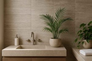 Panneaux muraux en pierre naturelle travertin dans une salle de bain élégante et apaisante