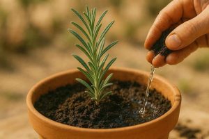 Planter du romarin en pot au printemps, jeune plant en terre cuite et arrosage délicat.
