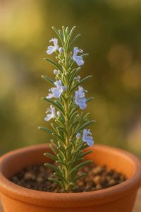 Romarin en pot en fleurs bleu clair, feuilles vertes et lumière naturelle méditerranéenne.