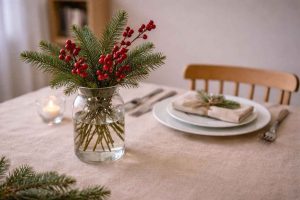 Centre de table minimaliste : un vase transparent, des branches de sapin et quelques baies rouges pour une touche festive sobre. Enregistrez cette mise en scène