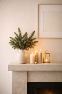 Coin cheminée minimaliste : bougies, céramique et branches de sapin pour un Noël cosy sans surcharge visuelle. Enregistrez cette idée déco