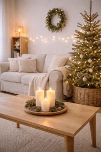 Salon cosy avec plaid en laine, guirlandes LED à lumière chaude et sapin discret dans un coin, ambiance de fin de journée d'hiver