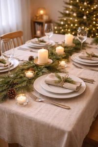 Table de fête décorée dans un style épuré : nappes en lin beige, branches de sapin, vaisselle blanche et bougies chauffe-plat