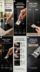 Utilisation d'un grattoir spécial pour enlever les taches brûlées sur une plaque à induction vitrocéramique