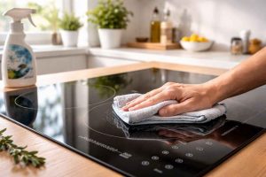 Une plaque à induction brillante nettoyée avec un chiffon microfibre dans une cuisine moderne et lumineuse