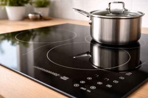 Gros plan sur la surface vitrocéramique lisse d'une plaque à induction avec casserole moderne