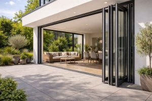 Une baie vitrée accordéon à quatre vantaux complètement repliés sur un côté, dégageant une ouverture totale vers une vaste terrasse contemporaine. Ce système offre une connexion maximale entre intérieur et extérieur, idéal pour les grandes pièces à vivre ou les extensions de maison. Un choix haut de gamme alliant esthétique moderne et fonctionnalité maximale