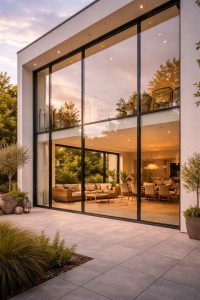 Vue extérieure d'une maison contemporaine équipée d'une baie vitrée sur mesure occupant l'intégralité d'une façade, du sol au plafond. Réalisée en aluminium avec des profilés ultra-fins, cette installation illustre parfaitement les possibilités offertes par le sur-mesure pour les architectures atypiques ou les grandes ouvertures. La lumière dorée de fin de journée souligne la transparence et l'élégance de l'ensemble