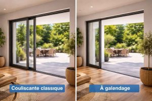 Mise en parallèle de deux systèmes d'ouverture de baie vitrée : à gauche, un modèle coulissant classique avec vantaux visibles sur le côté ; à droite, une baie à galandage dont les panneaux disparaissent entièrement dans l'épaisseur du mur. Cette comparaison visuelle aide à comprendre concrètement la différence de passage et d'esthétique entre les deux solutions
