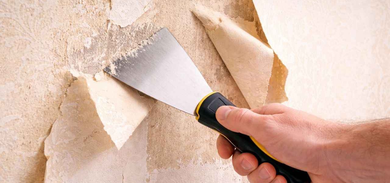 Décollage d'un ancien papier peint avec une spatule lors d'une rénovation de mur avant peinture