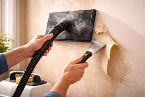 Utilisation d'une décolleuse vapeur pour enlever du papier peint facilement lors d'une rénovation intérieure