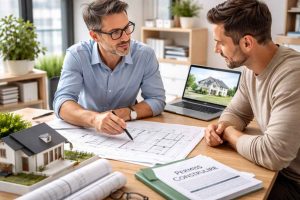 Discussion entre un architecte et un client autour de plans de maison et d'un dossier de permis de construire dans un bureau moderne