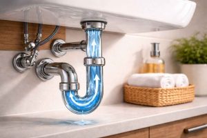 Illustration du fonctionnement d'un siphon de lavabo montrant le passage de l'eau dans la courbure qui bloque les odeurs