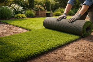 Installation de gazon artificiel dans un jardin avec rouleau de pelouse synthétique déroulé sur un sol préparé pour créer un espace vert esthétique et durable