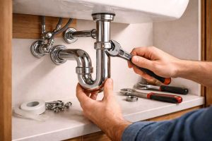 Installation d'un siphon de lavabo sous un meuble de salle de bain avec outils de plomberie lors d'un montage ou remplacement