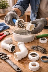 Démontage et nettoyage d'un siphon de lavabo avec les différentes pièces visibles pour l'entretien de la plomberie domestique