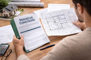 Un propriétaire examinant un dossier de permis de construire avec plans d'architecte et documents administratifs sur une table de travail