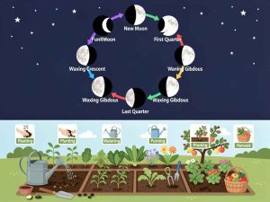 Illustration pédagogique montrant les phases de la lune et leur influence sur les plantes du jardin