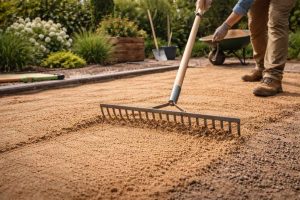 Préparation du terrain avant pose de gazon synthétique avec nivelage du sable et outils de jardinage pour obtenir une surface parfaitement plane
