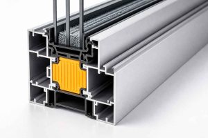 Vue rapprochée en coupe d'un profilé aluminium intégrant une rupture de pont thermique. Ce détail technique, souvent invisible à l'œil nu, est pourtant décisif pour les performances énergétiques d'une baie vitrée. Une image utile pour comprendre la différence entre un profilé standard et un profilé haute performance, dans le cadre du choix de matériau pour une baie vitrée