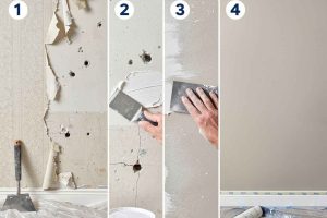 Réparation d'un mur avec de l'enduit après avoir retiré un papier peint avant peinture