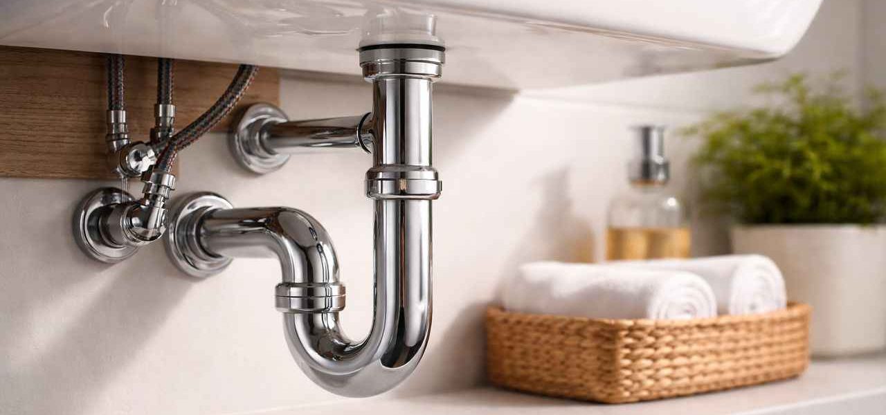 Vue détaillée du siphon de lavabo installé sous un lavabo de salle de bain avec tuyaux d’évacuation visibles pour illustrer le fonctionnement de la plomberie