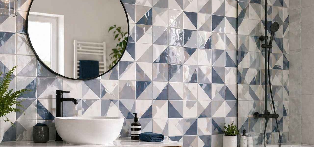 Mur de salle de bain décoré avec un carrelage mural moderne et graphique