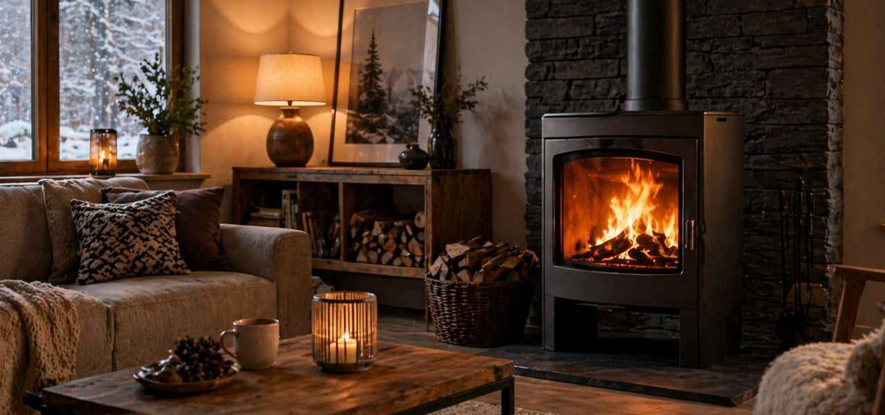 Salon chaleureux chauffé par un poêle à bois moderne pendant l'hiver