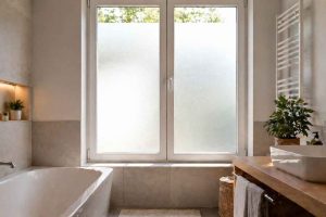 Exemple de fenêtre de salle de bain avec film opaque pour préserver l'intimité sans perdre en luminosité