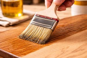 Application d'une huile protectrice sur un meuble en bois après sablage