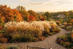Fleurs plumeuses du miscanthus en automne dans un jardin lumineux