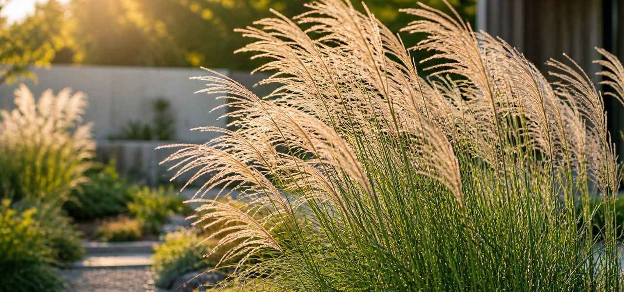 Graminée miscanthus sinensis dans un jardin moderne avec lumière dorée et ambiance naturelle apaisante