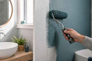 Application d'une peinture spéciale salle de bain sur un mur humide