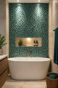 Mur de salle de bain avec panneau de mosaïque décoratif en camaïeu de bleus et verts autour d'une baignoire blanche. Exemple de carrelage d'accent pour créer un point focal dans la salle de bain