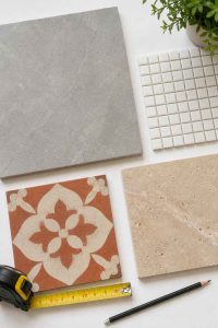 Vue de dessus d'échantillons de carrelage pour salle de bain sur fond blanc : grand format gris, mosaïque blanche, carreau de ciment terracotta et pierre naturelle, avec mètre ruban. Comparer les formats et matériaux avant de choisir
