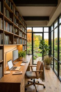 Télétravail au calme : aménagement d'un bureau dans une véranda avec habillage du mur intérieur plein pour optimiser les rangements et l'acoustique
