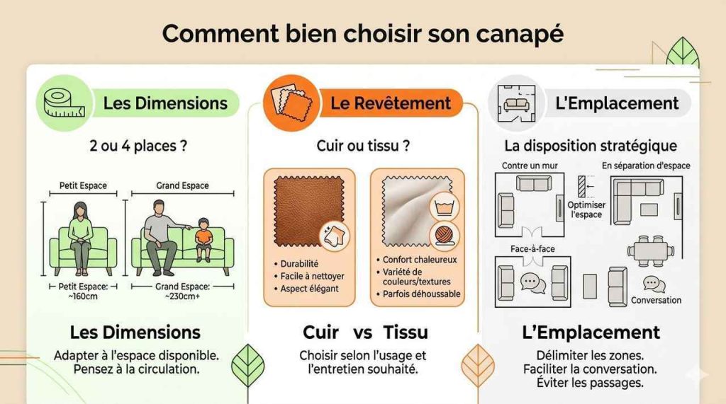 Le guide visuel pour ne pas se tromper lors de l'achat de son canapé de salon. Dimensions, matières et conseils de disposition