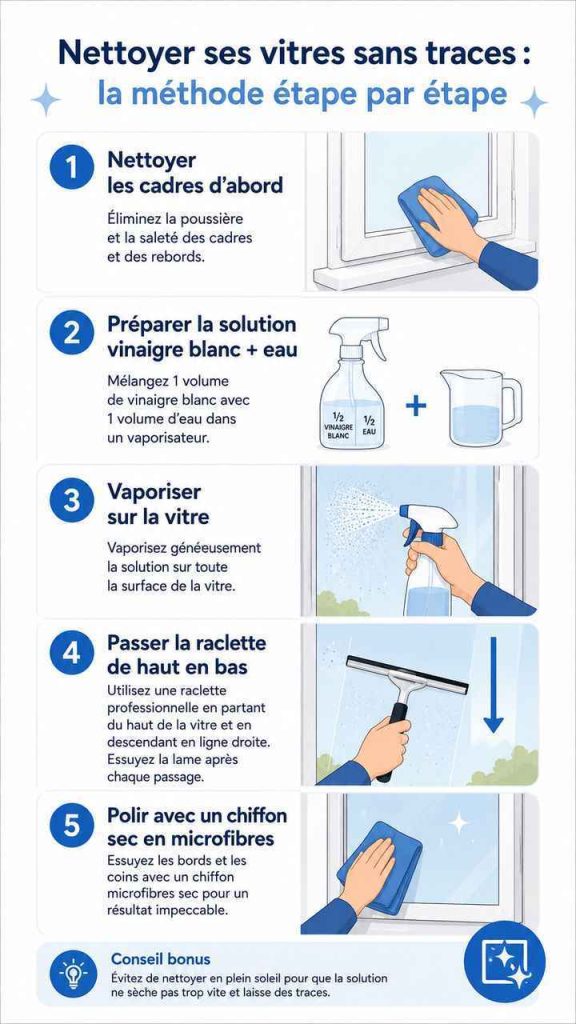 Infographie : comment nettoyer ses vitres sans traces en 5 étapes illustrées, de la préparation au polissage final avec la raclette et le vinaigre blanc