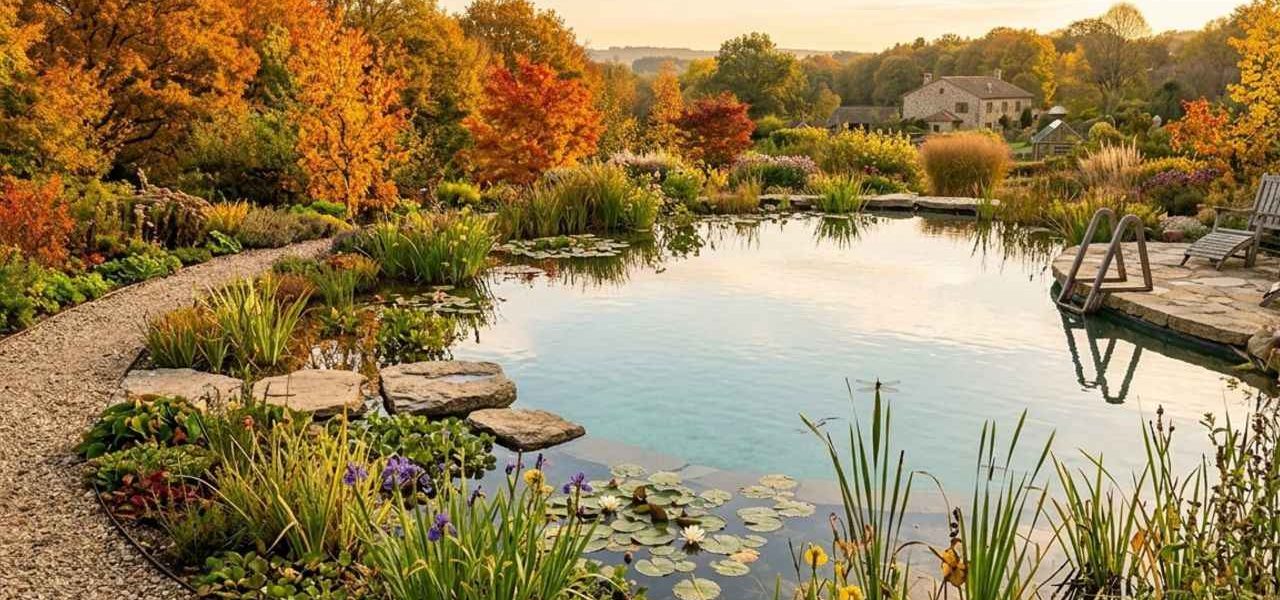 Piscine biologique naturelle avec plantes aquatiques et eau claire dans un jardin écologique