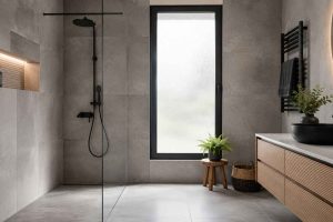 Salle de bain contemporaine avec grands carreaux en grès cérame gris, douche à l'italienne et robinetterie noire mate. Inspiration carrelage grand format pour une atmosphère épurée et moderne