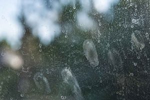 Gros plan sur une vitre sale avec traces de doigts, gouttes de pluie et dépôts de calcaire : comment identifier la saleté avant de nettoyer