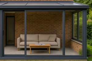L'alliance d'un muret de soubassement en briques et de profilés en aluminium offre à cette véranda une robustesse structurelle et un confort thermique optimal toute l'année.